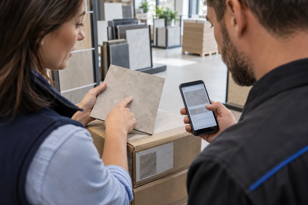 Próbka płytki porównywana z kartą produktu na smartfonie podczas rozmowy w hurtowni