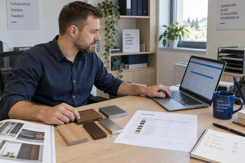 Pracownik przygotowuje ofertę na laptopie, korzystając ze specyfikacji i próbek materiałów.